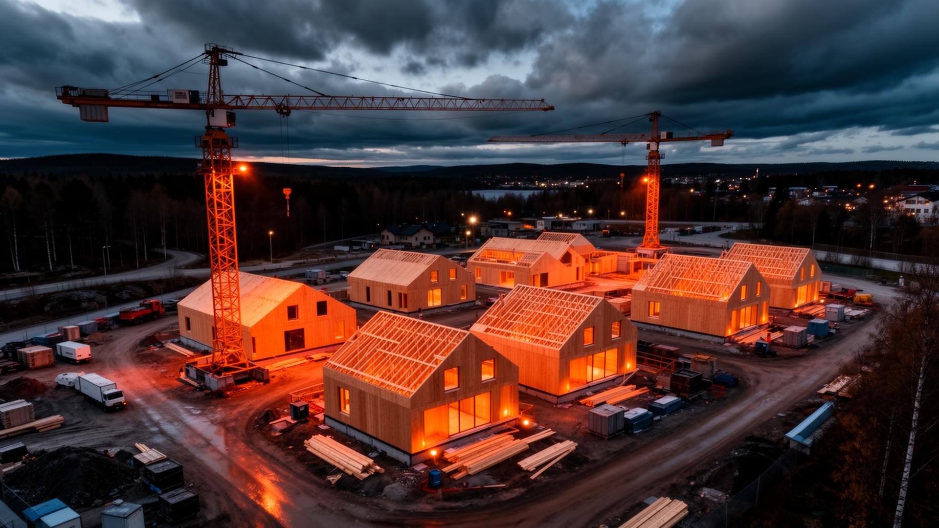 Byggprojekt med kranar i skymning